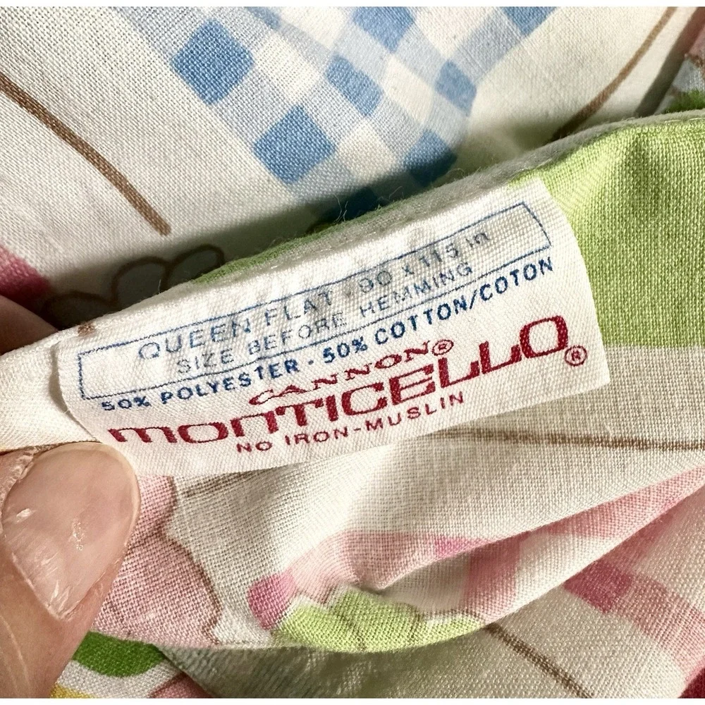 VTG Flat Sheet 70's Cannon Monticello Colorful Patchwork Gingham Floral 90x104